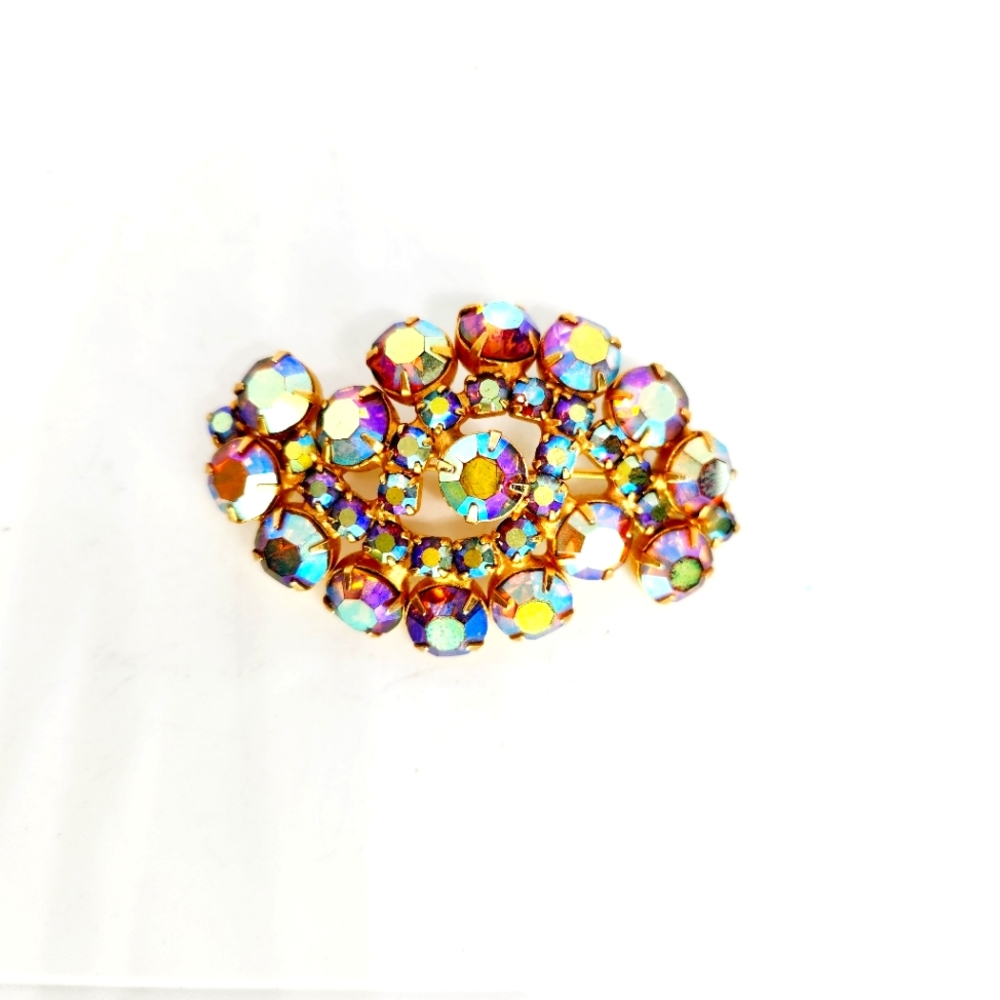 Vintage Pink Blue Aurora Borealis Swirl Wave Shaped Brooch Pin Iridescent Estate
